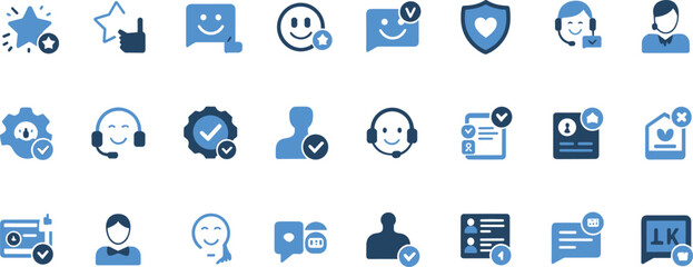 Customer service icons, communication, feedback, support, user interface, approval, quality, chat bubbles, headset, profile, verification, trust, satisfaction, teamwork, rating, review, document