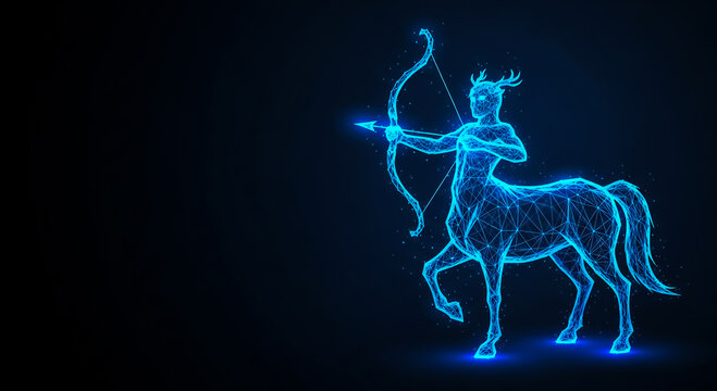 Glowing Blue Mythical Centaur with Bow in Dark Forest Scene