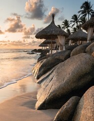 Tropical beach scene with huts on rocks