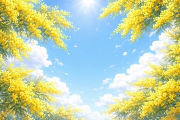 Naklejka premium Bright spring sky with mimosa flowers and sunlight shining through yellow blossoms and fluffy white clouds