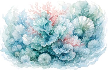 A blue and pink floral painting on a white background