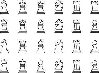 Chess pieces outline vector collection king queen rook bishop knight pawn classic strategy board game line icon set © MDAbul