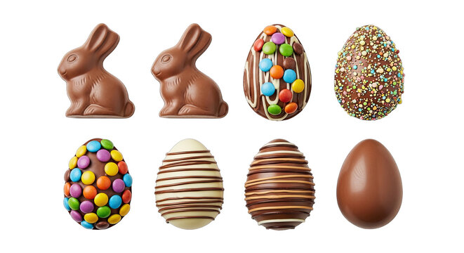 Easter chocolate bunny and eggs isolated on transparent background