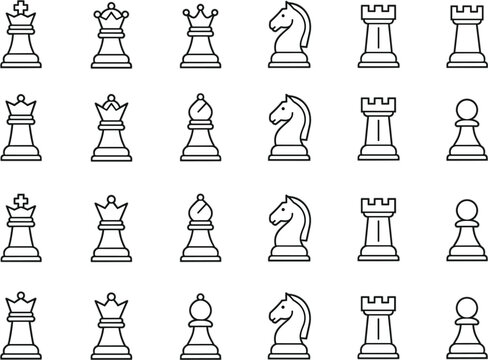 Chess pieces outline vector collection king queen rook bishop knight pawn classic strategy board game line icon set