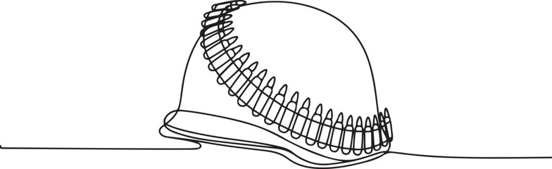 Single one line drawing an army helmet with bullet stock attached to the helmet. Be prepared. Battlefield can happen suddenly. Vietnam War Veterans Day. one line Icon drawing