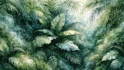 A lush green jungle with many large leaves and ferns