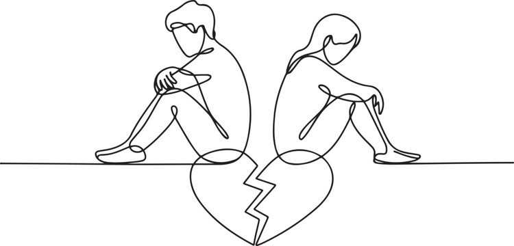 Single continuous line drawing relationship break up, broken heart, couple facing opposite direction. Couple sitting on big broken heart shape. one line Icon drawing