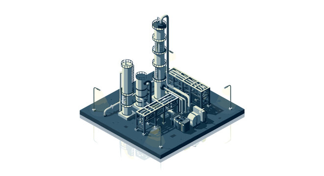 Isometric industrial plant design featuring modern refineries and chimneys