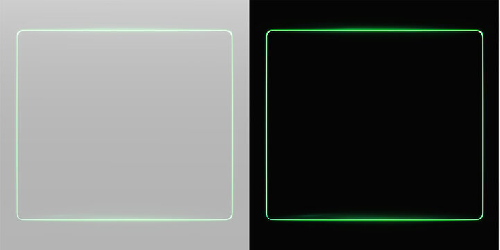 Green neon rectangle frame with rounded corners glowing light border outline on transparent background overlay png frame 