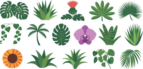 A flat, minimalist illustration of tropical and desert plants arranged in a 4x4 grid layout on a white background © MST