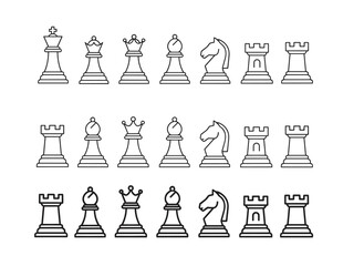 Chess pieces outline vector set king queen rook bishop knight pawn strategy board game line art collection © MDAbul