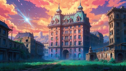 ゲーム背景夕焼け空があるシュールな廃墟遺跡の宮殿
