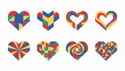 Abstract Geometric Heart Shapes, Colorful Designs, Love Symbol, Vector Art