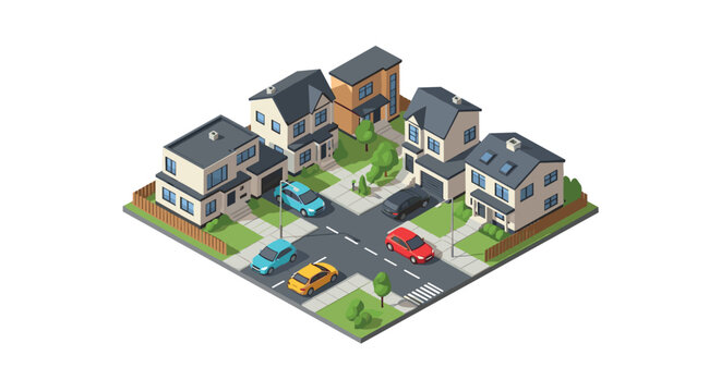 Isometric suburban neighborhood with modern houses and cars
