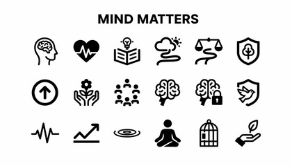Mind Matters Icons: Brain, Health, Growth, Balance, Protection, Peace