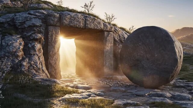 The stone rolls away from the tomb, revealing the light of dawn and resurrection concept