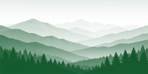 Fototapeta premium A panoramic morning view of the snowy Alps mountain landscape featuring a misty forest valley under a cloudy blue sky at sunrise