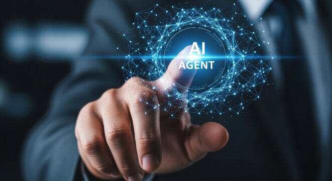 Businessman hand touching virtual screen with AI agent text and network connection