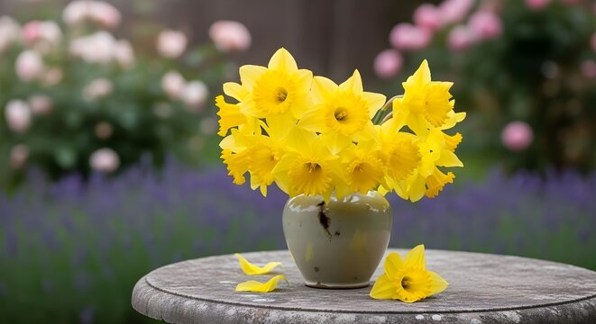 Pasqua e primavera: vaso di narcisi su un tavolo rustico