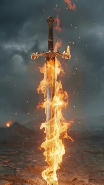 Fiery sword lifts from scorched earth beneath stormy skies and swirling flames