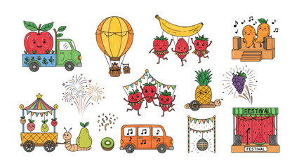 Fototapeta premium Whimsical Fruits Festival: A delightful illustration showcases a vibrant and cheerful celebration featuring personified fruits, creating a joyful and imaginative scene of festivities and fun.