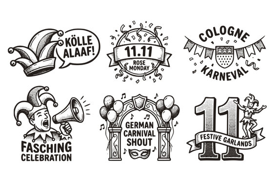 Black White Halftone K&ouml;lle Alaaf Fasching Carnival Cologne Set 6 Sketch Rose Monday 11.11 Karneval-Jester Cap Garland Festival Vector Set