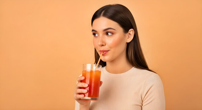 Young woman drinking a refreshing orange fruit juice through a straw, enjoying a healthy beverage in a studio setting with a warm peach background for spring seasonal lifestyle content.