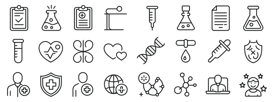 chemical formula and medical doctor research icons featuring laboratory equipment, scientific discovery signs, drug testing procedures, and disease prevention symbols for healthcare professional apps.