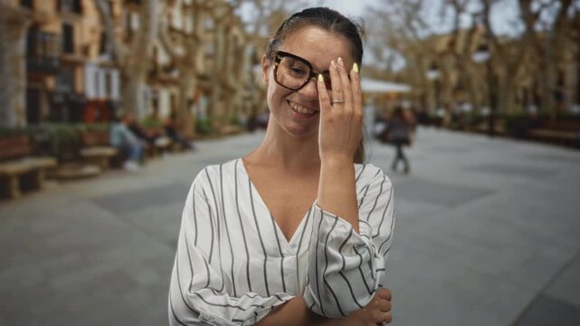 Woman covering face with hand while smiling and wearing glasses on a city street lined with benches and plane trees; playful joy.