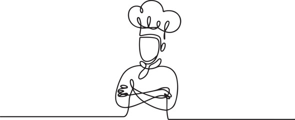 Fototapeta premium One single line drawing of chef man character for restaurant logo vector graphic illustration. Food cafe mascot badge concept. one line Icon drawing