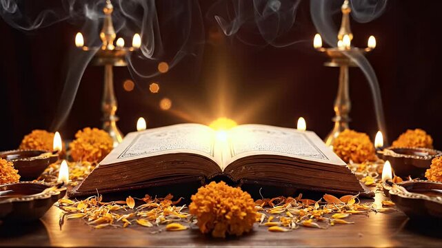 Serene Ramayana Reading Ritual Wallpaper with Glowing Book, Marigold Petals and Traditional Oil Lamps