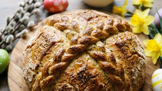 Freshly baked braided easter bread garnishing a wooden board, surrounded by colorful eggs, pussy willow branches, and bright yellow narcissus flowers, symbolizing spring, tradition, and celebration