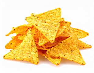 Fototapeta premium Vibrant and appetizing pile of crispy golden corn tortilla chips perfectly seasoned and ready for a delightful snack or party appetizer on a white background