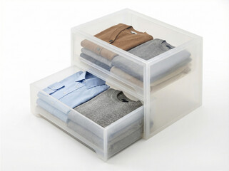 半透明な衣装ケース（引き出し）冬物衣類を収納　落ち着いた色味のシャツとセーター