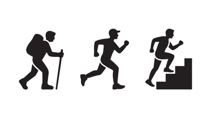 Obraz premium Hiker transitioning to runner climbing stairs in silhouette with dynamic movement in black on white background for fitness illustration