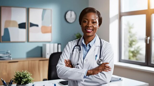 Friendly doctor smiling in a bright office environment, offering patient care and proactive health advice