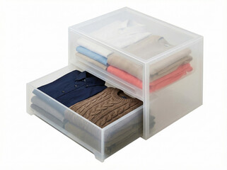 半透明な衣装ケース（引き出し）冬物衣類を収納　落ち着いた色味のシャツとセーター