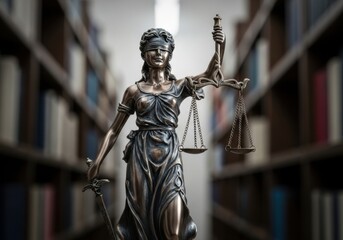 Obraz premium Statue of justice in a library with books on shelves