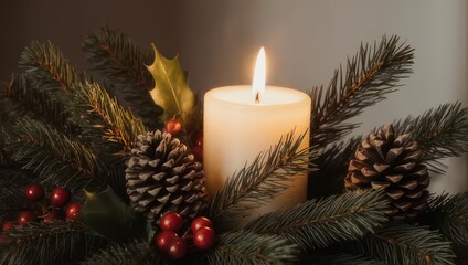 Warm glowing Christmas candle centerpiece with pine branches and cones.