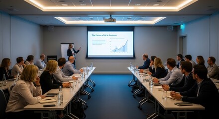 Corporate meeting room presentation on the future of AI in business strategy and innovation for professionals and entrepreneurs.