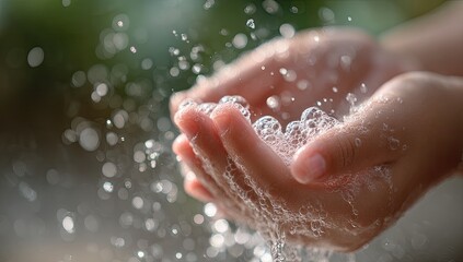 Fototapeta premium Gentle hands cupped catching clear water droplets and frothy bubbles