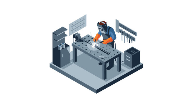 Skilled welder working in modern workshop isometric design