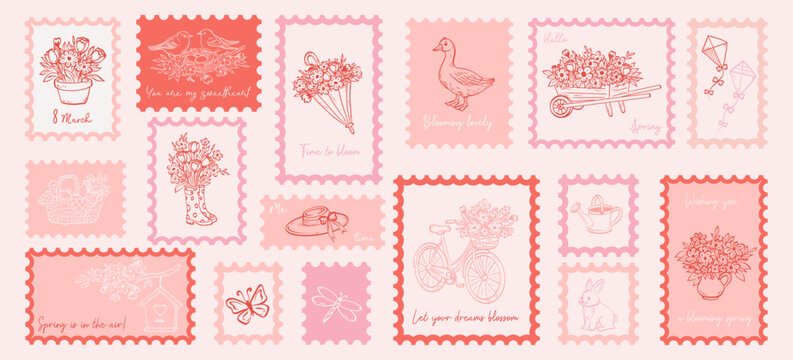 Hand drawn post stamps spring cute elements in coquette art. Holiday stickers for poster, placard or postcard prints. Vector.