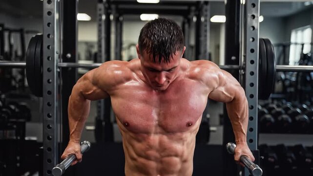 Muscular Man Performing Dips in a Gym.