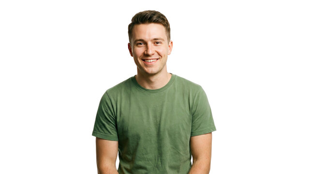 Portrait of a smiling young man wearing a green t-shirt with short sleeves against a white background product shot isolated