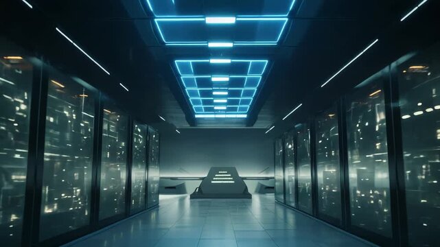 Server racks lining a corridor within a data facility, displaying glowing lights and reflecting advanced computing infrastructure for digital information storage and processing