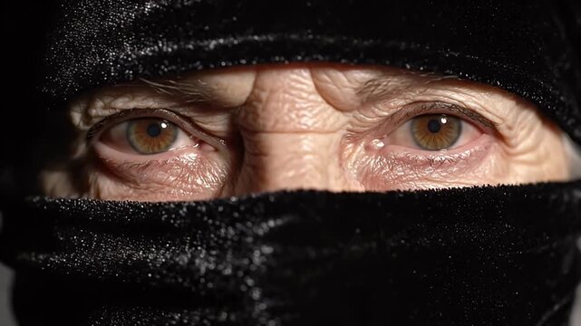 Mysterious eyes peering from under a black veil in dramatic lighting, evoking intrigue and secrecy