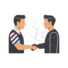 Fototapeta premium Two businessmen shaking hands across a cracked wall, symbolizing fragile agreement or conflict resolution.