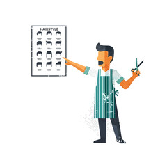Obraz premium Barber pointing to hairstyle chart, holding scissors