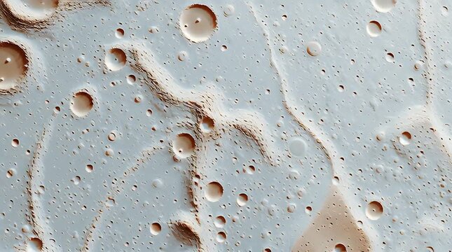 An aerial view shows a textured surface with craters and ridges. The scene displays a variety of crater sizes and surface patterns